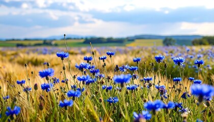 Vibrant blue wildflowers scattered amidst a golden wheat field under a partly cloudy sky