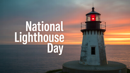 National Lighthouse Day celebrated with a scenic view of a lighthouse at sunset overlooking the ocean