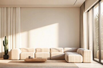 Experience soothing tranquility in a naturally lit living space, ideal for relaxation and mindful living, featuring a modern sofa, sculptural cactus, and warm sunlight