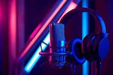 Dive into creativity with this vibrant microphone and headphone setup, perfect for podcasts, streaming, or music production in a modern studio environment enhanced with neon lights