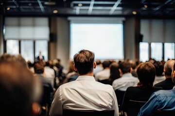 Engaging conference session with attentive audience listening to speaker on stage, perfect for showcasing corporate events, business seminars, and professional development opportunities