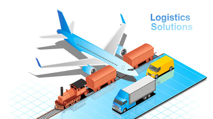 A 3D isometric illustration of a transportation logistics concept on a reflective light blue platform.