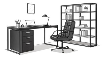 A monochrome office setup with a desk chair bookshelf and a laptop in a minimalist style drawing