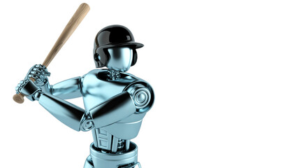 A 3D render of a metallic robot baseball player in a batting stance against a pure white background.