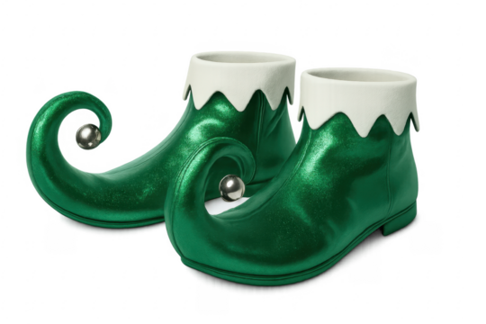Green elf shoes with jingle bells, festive holiday costume