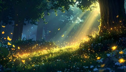 Sunbeams illuminate a mystical forest clearing, fireflies and butterflies dance in the golden light, creating an enchanting scene