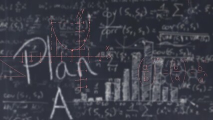 Chalkboard white equations receiving red overlay at bar chart visualizing functions forming 3D cone - Powered by Adobe