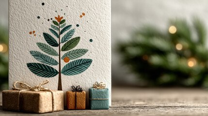 Minimalist hand-painted Christmas border with green tree  background, vector holiday design