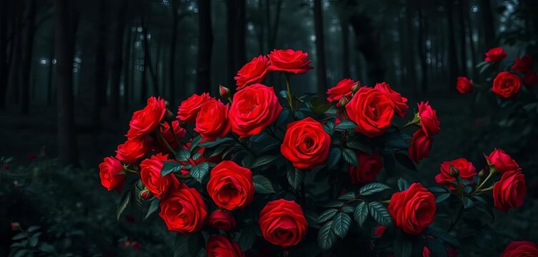 Dark moody forest seamless pattern featuring vibrant red roses on a wild rose bush, dark background, red roses - Powered by Adobe