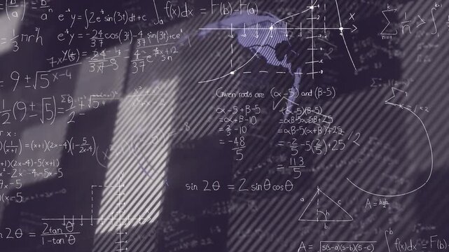 After math formulas animating 3D globe emerging rotating with plots sliding for global data display - Powered by Adobe