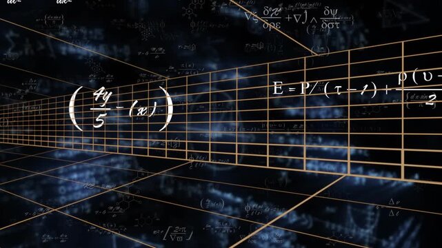 Opening golden grid tunnel starting formulas fading, shifting while camera gliding showing science
