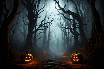 Experience the Thrill of Halloween Night with Glowing Pumpkins Lining a Spooky Forest Path - Perfect for Festive Designs and Creepy Season Celebrations