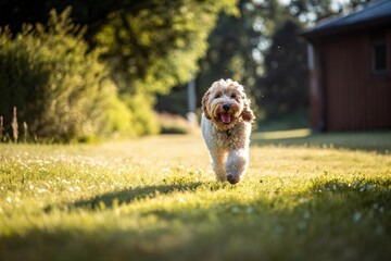 Happy golden doodle running freely across a vibrant green field in the warm sunlight, radiating joy and energy for active lifestyles, pet care advertising, or family fun concepts