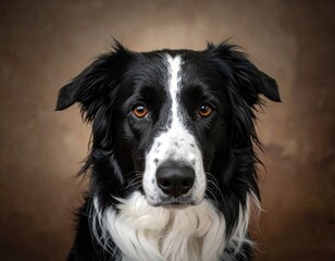 Black And White Border Collie Dog Portrait Against Brown Background