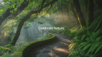 A misty forest path winding through lush greenery with sunlight filtering through the trees