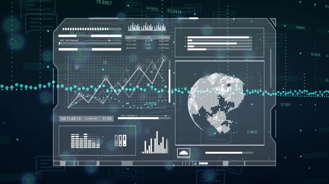 data dashboard emerging against dark backdrop visualizing rising graph rotating globe sweeping dots