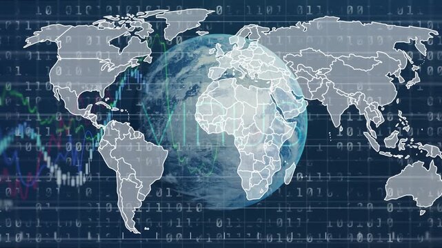 Starting Western outlines, globe rotating with binary code and animating charts signaling growth