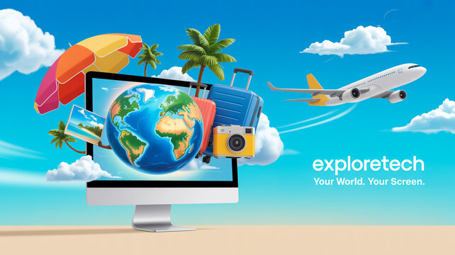 A digital illustration of a white computer monitor with a globe screen displaying tropical island scenes