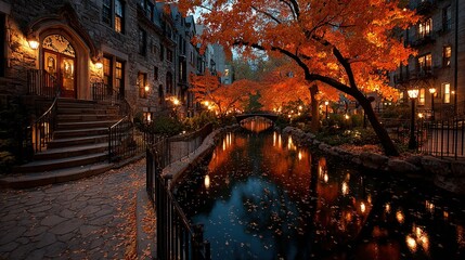 Canal flows through a city with autumn trees and building lights.