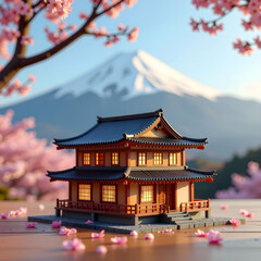 Fototapeta premium A miniature view of a Japanese house in spring marked by cherry blossoms with a view of Mount Fuji.