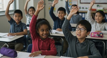 Engaging classroom participation young students raising hands school environment educational setting interactive learning