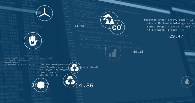On code refresh floating UI icon cluster drifting rotating updating values showing energy metrics
