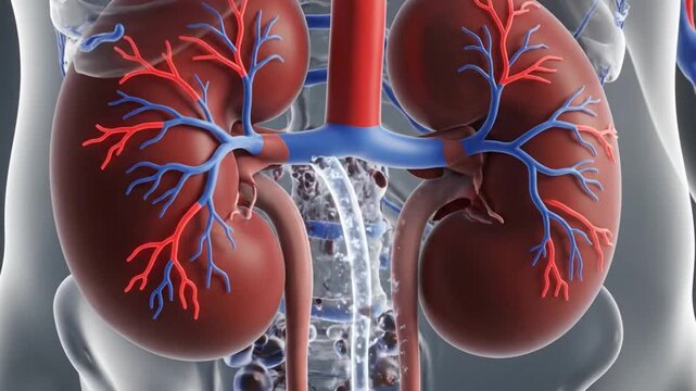 Detailed illustration of human kidneys with blood vessels and ureters in a transparent body