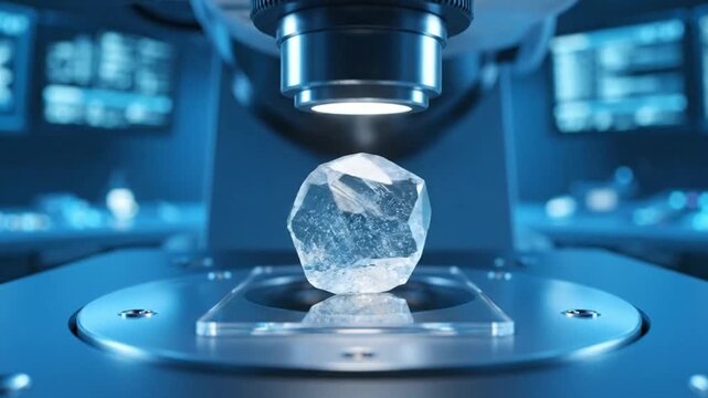 Robotic Arm Holds a Diamond Under a Microscope in a High-Tech Laboratory, Scientific Research