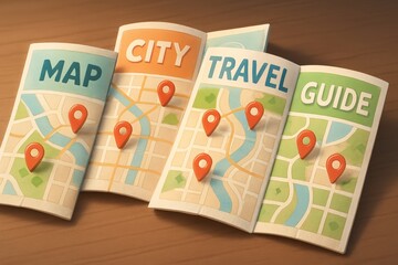 Colorful Travel Map Brochure with Location Pins on Wooden Surface