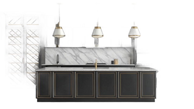 A modern kitchen with black cabinets marble backsplash and pendant lights over the island area