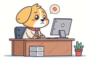 Sad Cartoon Dog in Office Setting Computer Problem Frustrated Canine Employee Illustration