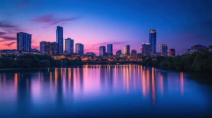 Fototapeta premium Majestic Modern Skyline: High-angle View of Skyscrapers at Sunset, Reflected in the Water, Emphasizing Urban Growth and Architecture.