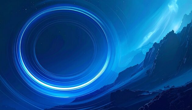 Surreal blue vortex landscape with glowing concentric rings, cosmic gradients, and jagged mountain silhouettes in a futuristic digital environment.