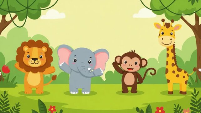 Cute 2D Animated Safari Animals Friends - Lion, Elephant, and Monkey in the Jungle