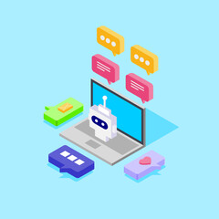 Obraz premium Bubble chat and robot chat on Laptop Isometric Vector Illustration Flat Design