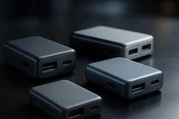 Multiple Portable Power Banks on Dark Surface in Modern Style