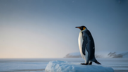 Obraz premium A solitary emperor penguin stands on a snow-covered ice floe in a vast polar landscape under a clear sky.