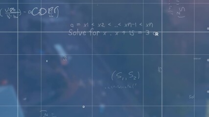Grid overlay appearing triggers labels and equations populating over desk showing computing layer - Powered by Adobe