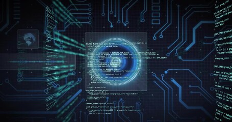 Bright beam sweeping across circle scanner causing code streams accelerating inward for scan cycle - Powered by Adobe