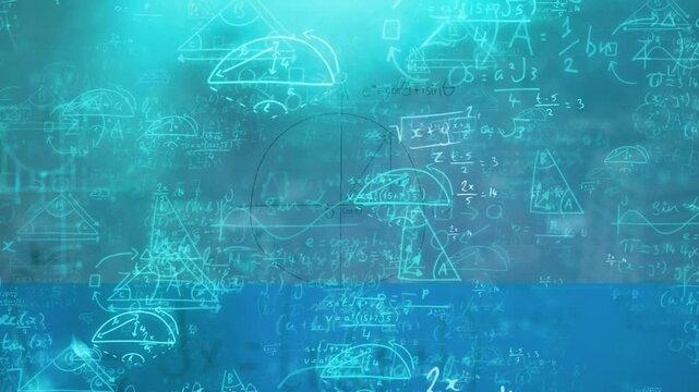 Bright turquoise flare emerging left causing mathematical diagrams clustering and glowing structure