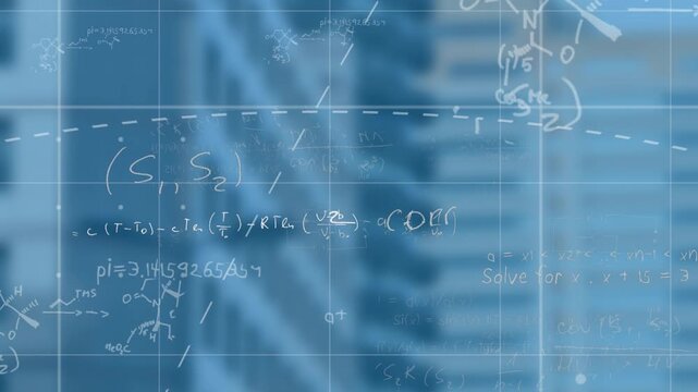 Facade behind grid sweeping dashed arc intersecting diagonal line, chalk-style formulas layering