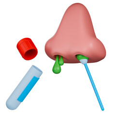 Nasal swab test 3d illustration. 3D medical illustration showing a runny nose being swabbed for a medical test.