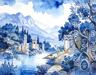 Serene blue watercolor landscape depicting a tranquil waterway winding through a classical-style architectural setting, nestled amidst lush greenery and majestic mountains
