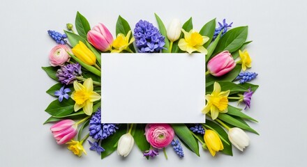 Fototapeta premium Spring Flowers Blank Card Mockup Tulips Daffodils Hyacinths Ranunculus Border
