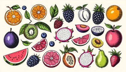 Vibrant hand-drawn illustrations of various fruits, showcasing their cross-sections and whole forms
