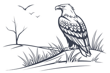 Flying Bald Eagle Vector Illustration - Mascot Line Art