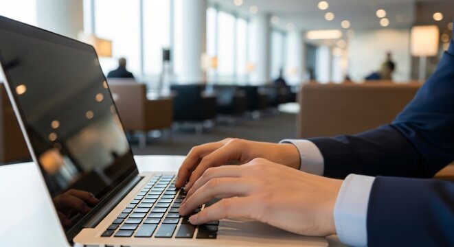 Businessperson Typing on Laptop in Modern Airport Lounge Working Remotely
