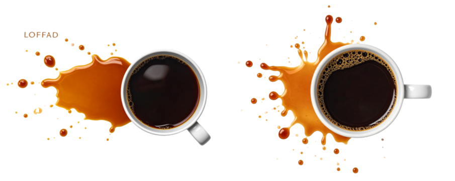 Set of  Top-Down View of Spilled Coffee Cup with Liquid Splash, Isolated on Transparent Background PNG