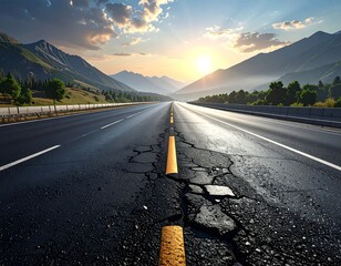 Sun-drenched highway cuts through mountain valley at sunset; road shows some cracks