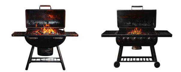 Black Charcoal Barbecue Grill with Open Lid, Front View, Isolated on Transparent Background PNG